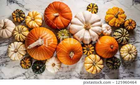A Beautiful and EyeCatching Arrangement of Various Pumpkins on a Marble Surface 125960464