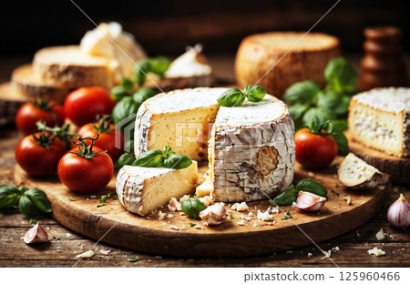 A Beautiful Artisan Cheese Platter Featuring Fresh, HighQuality Ingredients to Enjoy 125960466