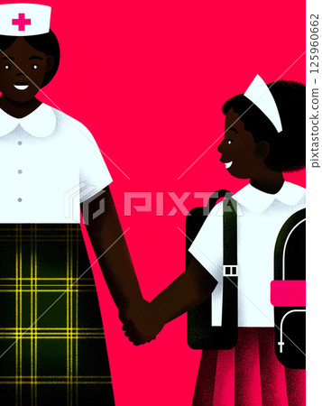 A Nurse and a Child Exchanging Comforting Touch by Holding Hands in a Vibrant Illustration A Nurse and a Child Exchanging Comforting Touch by Holding Hands in a Vibrant Illustration 125960662