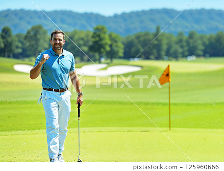 A Professional Golfer Joyfully Celebrating His Amazing Performance on the Golf Course 125960666