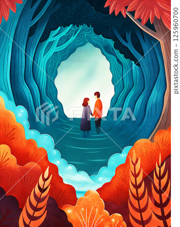 A Serene Encounter in a Beautifully Colorful Forest Pathway Amidst Natures Splendor 125960700
