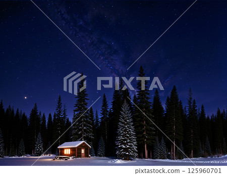 A Serene Winter Cabin Nestled Under a Sparkling Starry Sky, Exuding Tranquility and Charm 125960701