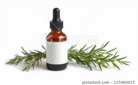 Rosemary essential oil dropper bottles with fresh rosemary herbs on white background Rosemary essential oil dropper bottles with fresh rosemary herbs on white background 125960837