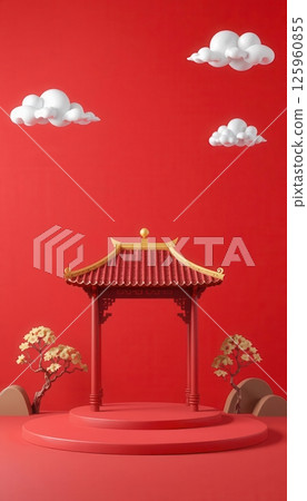 Set of Chinese pavilions with clouds on red background for festive and cultural design themes Set of Chinese pavilions with clouds on red background for festive and cultural design themes 125960855