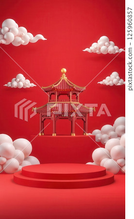 Set of Chinese pavilions with clouds on red background for festive and cultural design themes Set of Chinese pavilions with clouds on red background for festive and cultural design themes 125960857