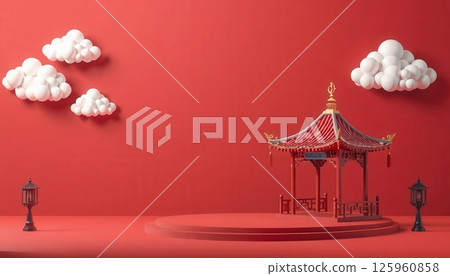 Set of Chinese pavilions with clouds on red background for festive and cultural design themes Set of Chinese pavilions with clouds on red background for festive and cultural design themes 125960858