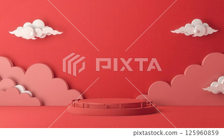 Set of Chinese pavilions with clouds on red background for festive and cultural design themes Set of Chinese pavilions with clouds on red background for festive and cultural design themes 125960859