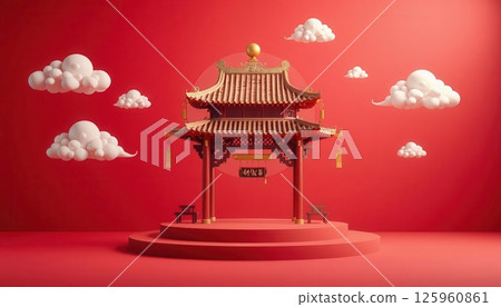 Set of Chinese pavilions with clouds on red background for festive and cultural design themes Set of Chinese pavilions with clouds on red background for festive and cultural design themes 125960861