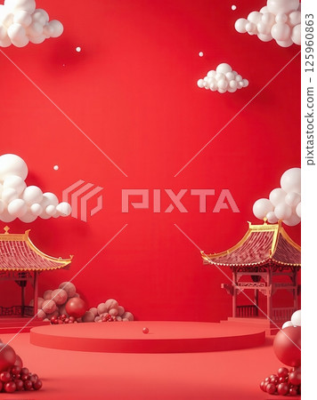 Set of Chinese pavilions with clouds on red background for festive and cultural design themes Set of Chinese pavilions with clouds on red background for festive and cultural design themes 125960863