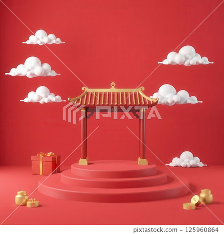 Set of Chinese pavilions with clouds on red background for festive and cultural design themes Set of Chinese pavilions with clouds on red background for festive and cultural design themes 125960864