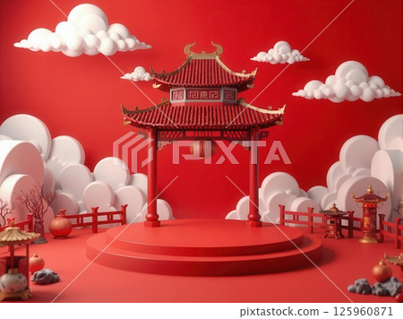 Set of Chinese pavilions with clouds on red background for festive and cultural design themes Set of Chinese pavilions with clouds on red background for festive and cultural design themes 125960871