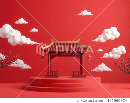 Set of Chinese pavilions with clouds on red background for festive and cultural design themes Set of Chinese pavilions with clouds on red background for festive and cultural design themes 125960874
