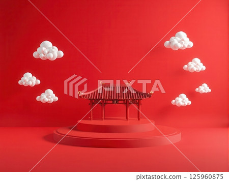 Set of Chinese pavilions with clouds on red background for festive and cultural design themes 125960875