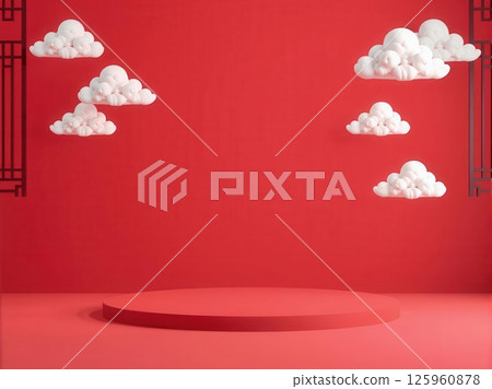 Set of Chinese pavilions with clouds on red background for festive and cultural design themes Set of Chinese pavilions with clouds on red background for festive and cultural design themes 125960878