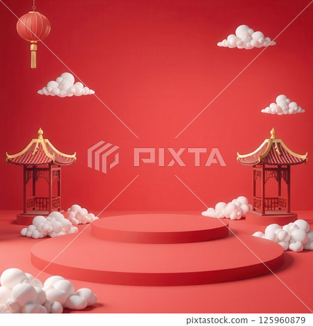 Set of Chinese pavilions with clouds on red background for festive and cultural design themes 125960879