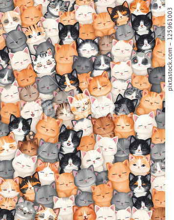 Seamless pattern of thousands of cute fluffy cats in various colors packed tightly together 125961003