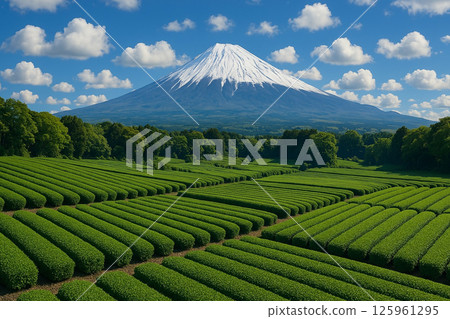 茶園裡的嫩葉和新綠，以及白雪皚皚的富士山 125961295