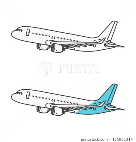 Illustration material: Domestic travel, domestic flights, short-distance passenger aircraft/airplanes, takeoff and cruising state (free color change OK!) Illustration material: Domestic travel, domestic flights, short-distance passenger aircraft/airplanes, takeoff and cruising state (free color change OK!) 125961314