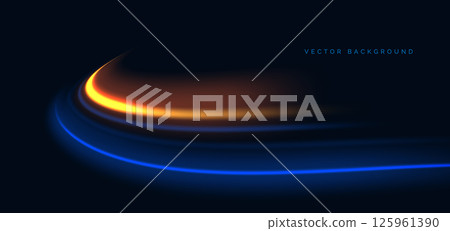 Hi-speed blue and orange neon curve beams rays on dark blue background. Speed motion moving concept. 125961390