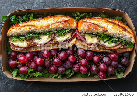 Lunch with a baguette sandwich, brie cheese and grapes. Parisian style lunch box. 125961500
