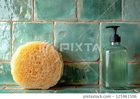 Top view of sponge next to a light detergent bottles on a background of ceramic tiles in green colors. Top view of sponge next to a light detergent bottles on a background of ceramic tiles in green colors. 125961506