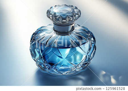 Perfume bottle with glossy on its glass surface, conveying elegance and sophistication. Ideal for high-end perfume advertisements. 125961528