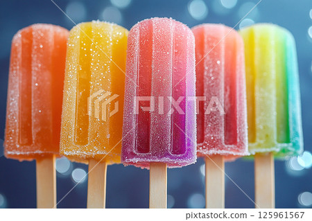 Popsicle with rainbow colors on a long stick on a summer background. Summer fun. Retro style. Popsicle with rainbow colors on a long stick on a summer background. Summer fun. Retro style. 125961567
