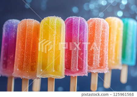 Popsicle with rainbow colors on a long stick on a summer background. Summer fun. Retro style. Popsicle with rainbow colors on a long stick on a summer background. Summer fun. Retro style. 125961568