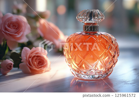 Perfume bottle with glossy on its glass surface, conveying elegance and sophistication. Ideal for high-end perfume advertisements. 125961572
