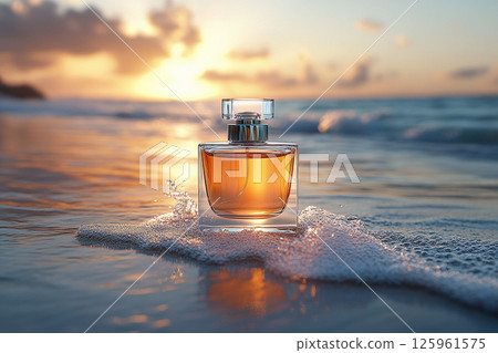 Modern perfume bottle adorned with water droplets and a subtle light reflection on summer beach background. 125961575