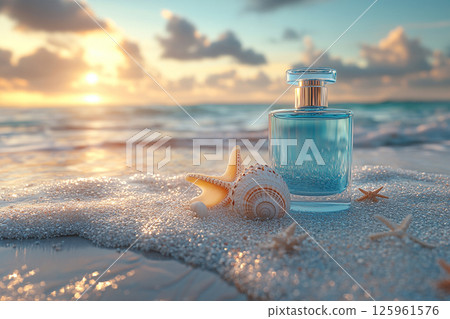 Modern perfume bottle adorned with water droplets and a subtle light reflection on summer beach background. 125961576