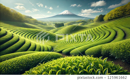 茶園裡的嫩葉和新綠，以及白雪皚皚的富士山 125961662