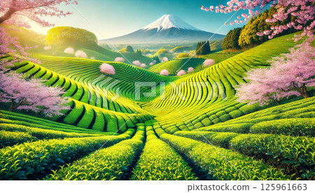 Young leaves and fresh greenery in tea fields and snow-capped Mt. Fuji 125961663
