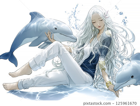 海豚仙子與海豚玩耍的插畫素材 125961670