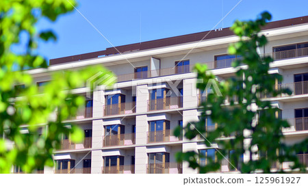 Eco apartment building saving energy and fresh air. Modern block of flats in green area, residential apartment and luxury house complex. Eco apartment building saving energy and fresh air. Modern block of flats in green area, residential apartment and luxury house complex. 125961927