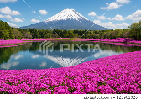 一座遍布苔蘚石竹和白雪皚皚的富士山的公園 125962026