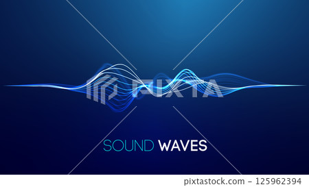 Sound waves on blue background. Curve radio wave digital signal. Digital technology background. 125962394
