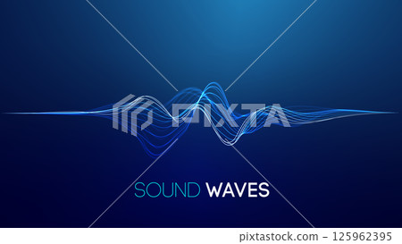 Sound waves on blue background. Curve radio wave digital signal. Digital technology background. 125962395