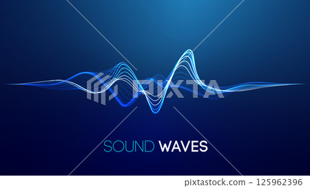 Sound waves on blue background. Curve radio wave digital signal. Digital technology background. 125962396