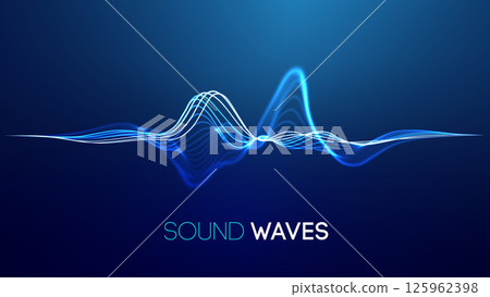 Sound waves on blue background. Curve radio wave digital signal. Digital technology background. Sound waves on blue background. Curve radio wave digital signal. Digital technology background. 125962398