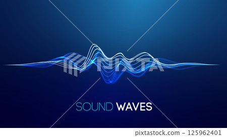 Sound waves on blue background. Curve radio wave digital signal. Digital technology background. Sound waves on blue background. Curve radio wave digital signal. Digital technology background. 125962401