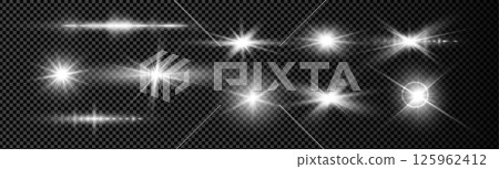 A collection of luminous white light effects including starburst and lens flare set on a transparent background. 125962412