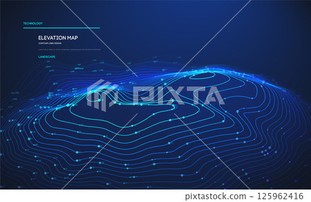 Topographic map blue technology background. Big data elevation map with contour lines. Topographic landscape design. 125962416