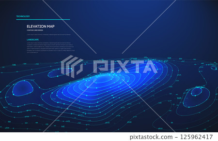 Topographic map blue technology background. Big data elevation map with contour lines. Topographic landscape design. Topographic map blue technology background. Big data elevation map with contour lines. Topographic landscape design. 125962417