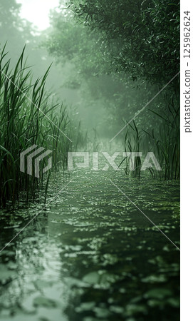 A tranquil swamp scene with a narrow waterway, shrouded in soft morning fog and light. 125962624