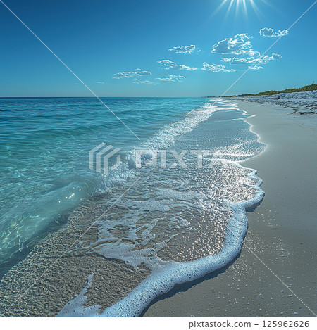 A beautiful beach scene with turquoise water and gentle waves under a sunny sky. 125962626