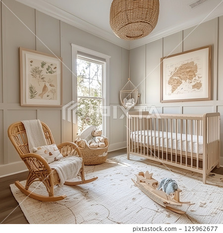 Charming nursery featuring a crib, rocking chair, and delightful decorations in soft, neutral tones. Charming nursery featuring a crib, rocking chair, and delightful decorations in soft, neutral tones. 125962677