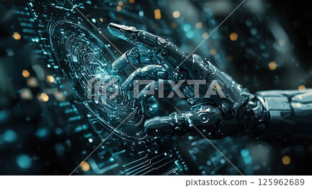 A futuristic robotic hand interacting with a glowing digital interface, representing ai and technology. 125962689