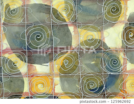 Abstract watercolor background, dynamic circles and spirals, calming meditation, modern pattern. 125962692