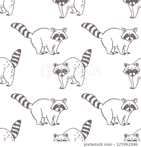 Seamless pattern with cute hand drawn raccoons. Raccoons on a white surface. Sketch illustration, background. 125962896